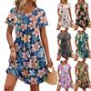 Women's Short Sleeve Floral Print Casual Dress Round Neck Waist Tie with Pockets Loose Fit Summer Dress