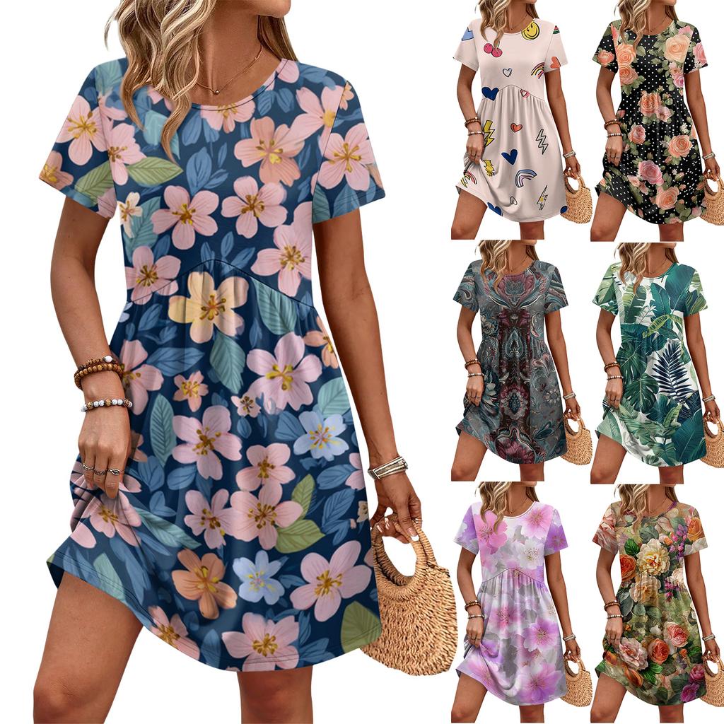 Women's Short Sleeve Floral Print Casual Dress Round Neck Waist Tie with Pockets Loose Fit Summer Dress