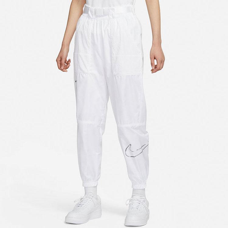 Nike Logo Print Sports Adjustable Waist Tapered Woven Pants Women Bottoms White DJ8997-100
