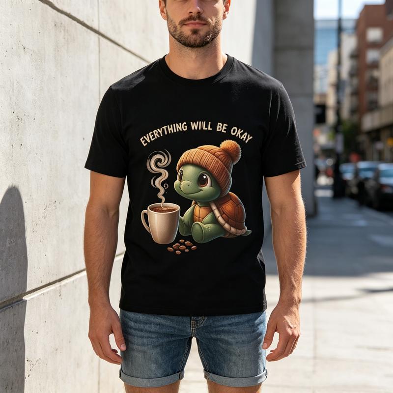 Turtle Coffee Everything Will Be Okay Graphic T Shirt Unisex Unisex Crew Neck Short Sleeve Tops Y2k Top Oversized Tee Harajuku