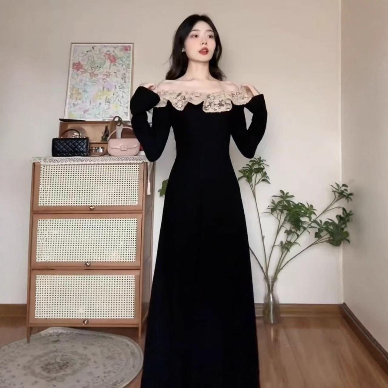

French retro Hepburn style autumn and winter new long-sleeved knitted thin lace splicing temperament long dress black dress S чёрный