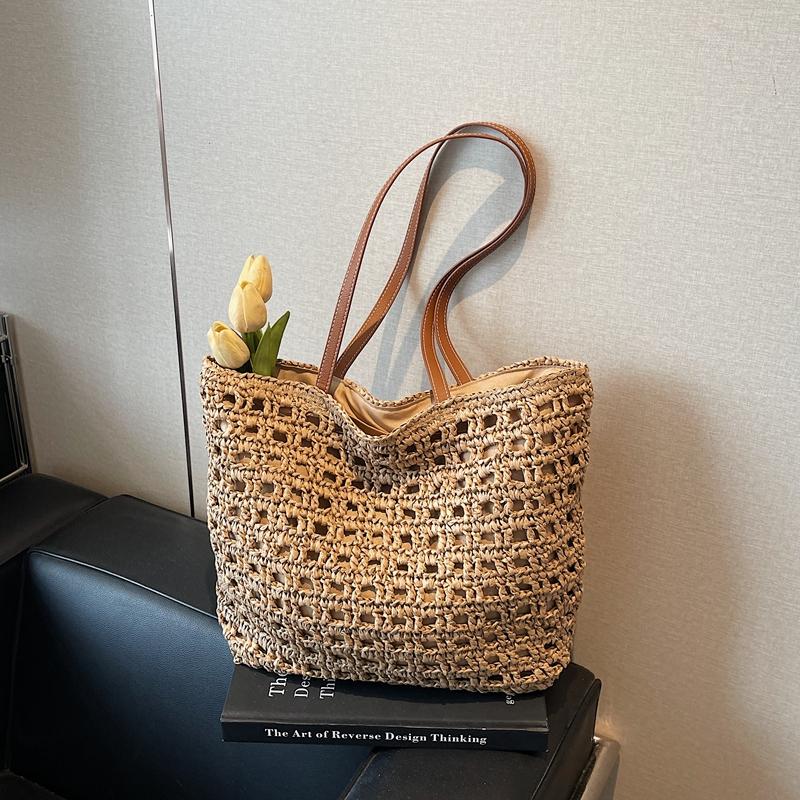 Handwoven Straw Tote Bag with Leather Handles and Open Weave Design Perfect for Summer Beach and Casual Outings