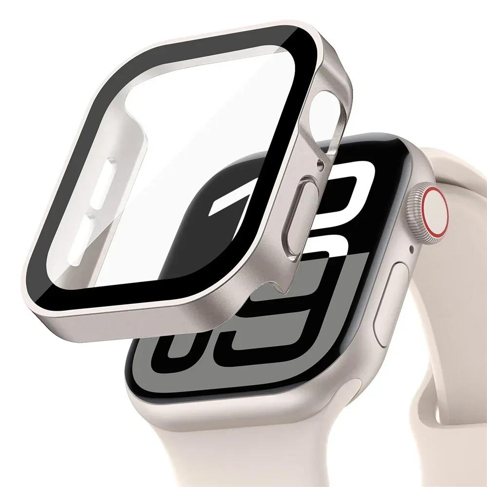 Glass+Case For Apple Watch 42mm 46mm 45mm 41mm 44mm 40mm Straight Edge Screen Protector Cover Case iWatch SE 3 6 7 8 9 10 11 7