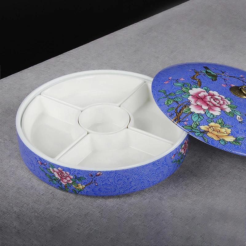 Cold Dish with Ceramic Artistic Conception Special Five Grid Cold Dish Creative Art Tableware Enamel Color Round Cover Bowl