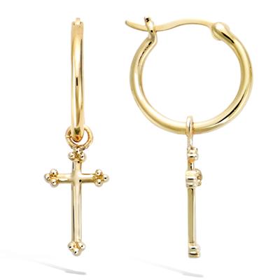 [R1552] - Gold Plated Hoop Earrings 'Cross' - 15 Mm - 14x8 Mm