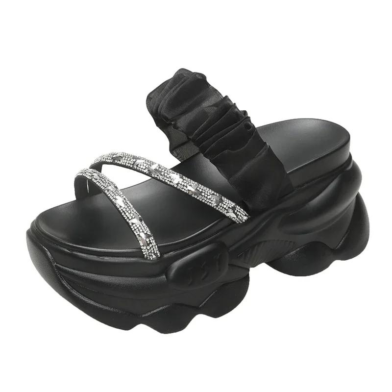 Fashion 9CM Women's Summer Chunky Slippers Fashion Thick-Bottom Sandals Bling Wedge Heels Flip Flops High Platform Beach Slides Zapatos