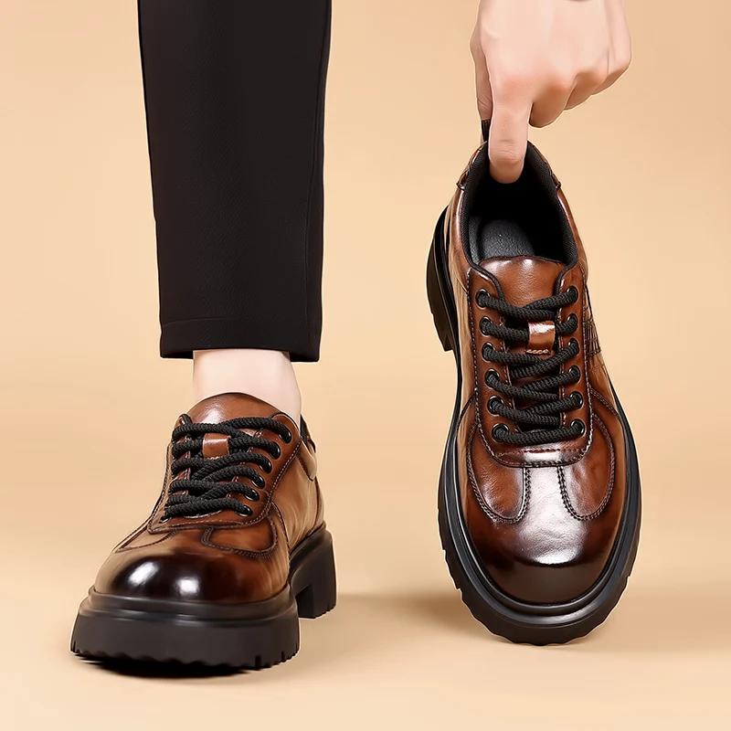 Móda Pánské boty Retro Business Casual Kožené boty Platforma Velká hlava Platformová bota Pánské Britský styl Nízké Pracovní boty Pánské ploché boty