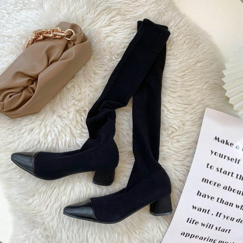 Fashion Sock Shoes 2025 New Spring and Autumn Single Boots Thin Knitted Stretch Boots Pointed Toe Block Heel Tall
