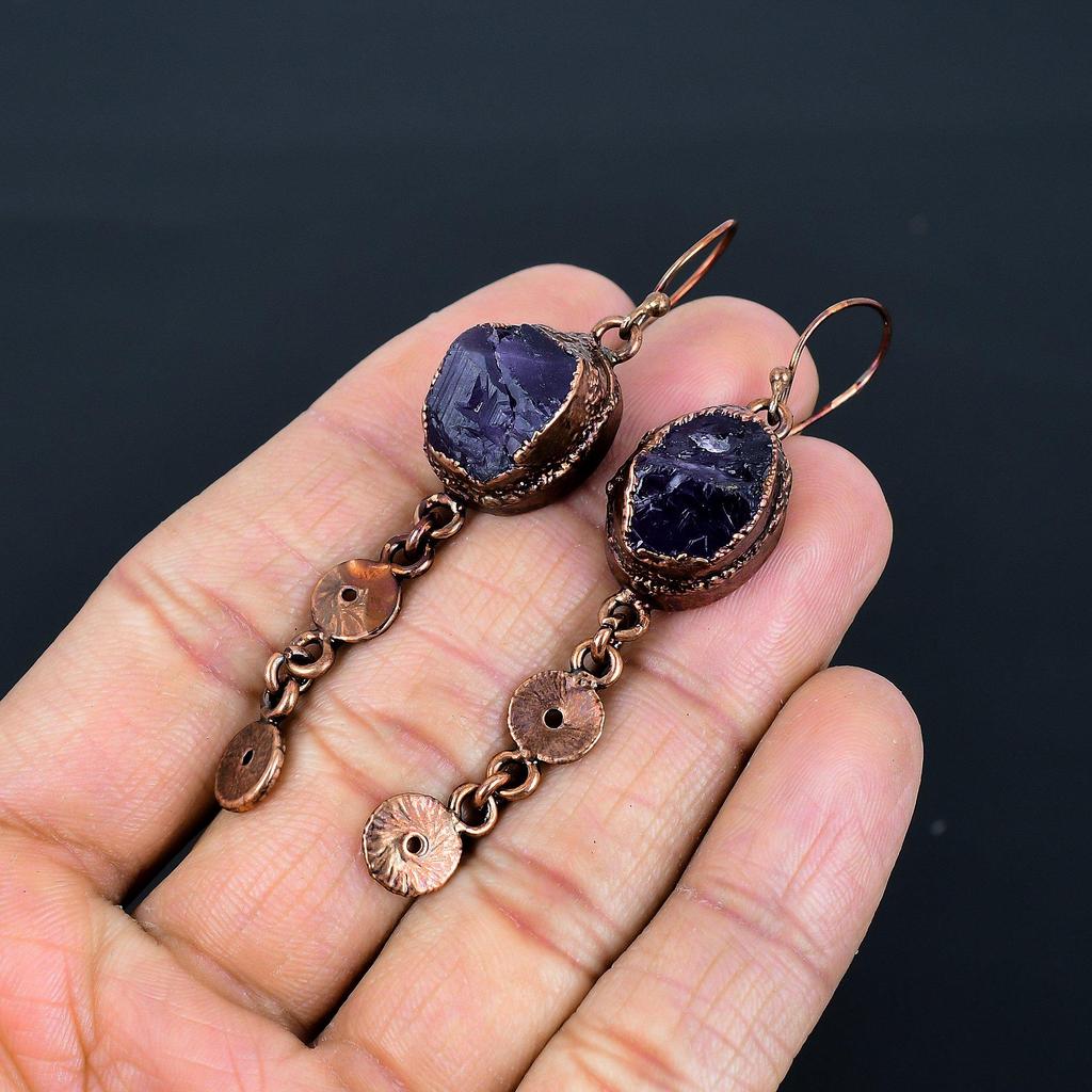 Amethyst Copper Electroformed Earrings, Handmade Gemstone Earrings, Gift For Mom Antique Jewelry