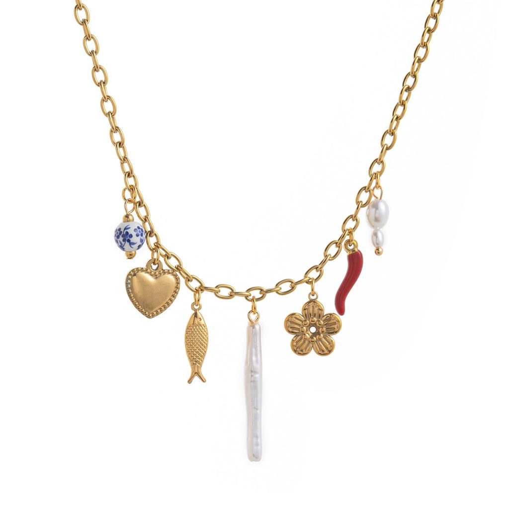 European and American Style Multi-Pendant Pearl & Stainless Steel Necklace with Small Fish, Chili, and Heart Ocean Style Choker