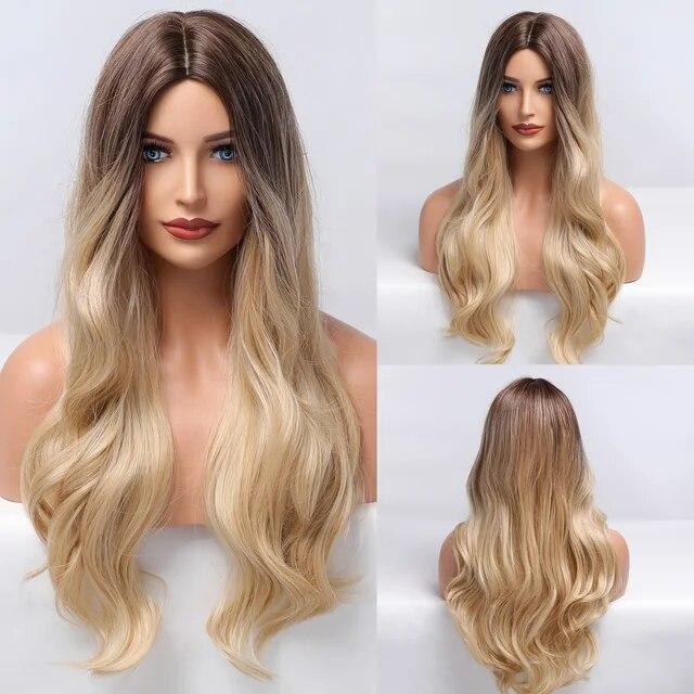 Long Wave Synthetic Wigs Ombre Black Blonde Wig with Side Bangs Heat Resistant Fiber Daily Party Hair Cosplay Wigs for Women