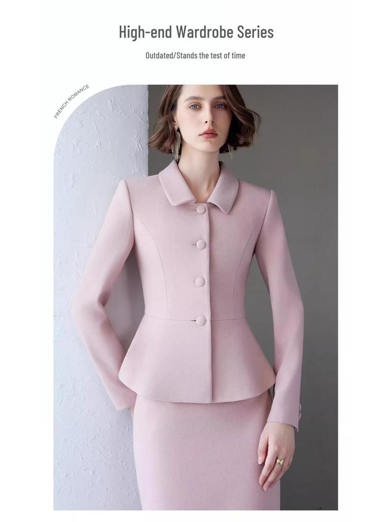AD Korean Style Women's Stand-Up Collar Coat & Pink Wool Skirt Set, 2025 Winter Collection