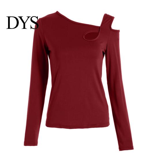 Women Top Sexy Tops Skew Collar Slanted Shoulder Bottoming Body Curves Enhancing Hollow Design Slim Fit Solid Color Long-Sleeved T-Shirt Long-sleeved