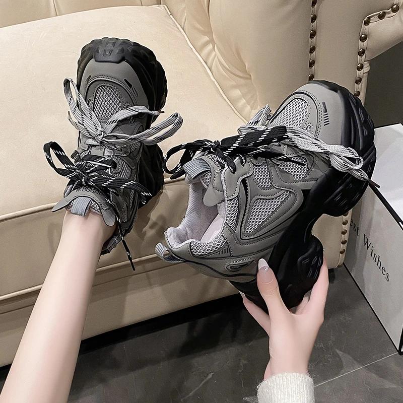 Fashion New Women Mesh Chunky Sneakers Autumn 11CM High Platform Shoes Ladies New Wedges Casual Shoes Woman Sports Dad Leather Sneakers