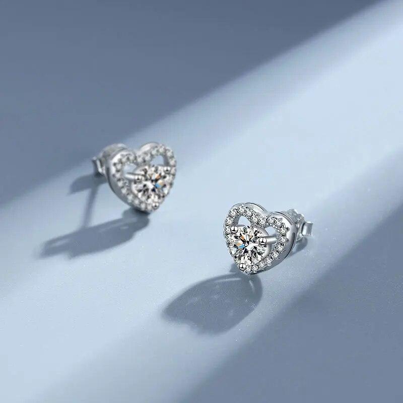 Sterling Silver 100% 925 Earrings for Women Certified Moissantie D Color Ear Studs Heart Shape Round Birthday Gift Fine Jewelry