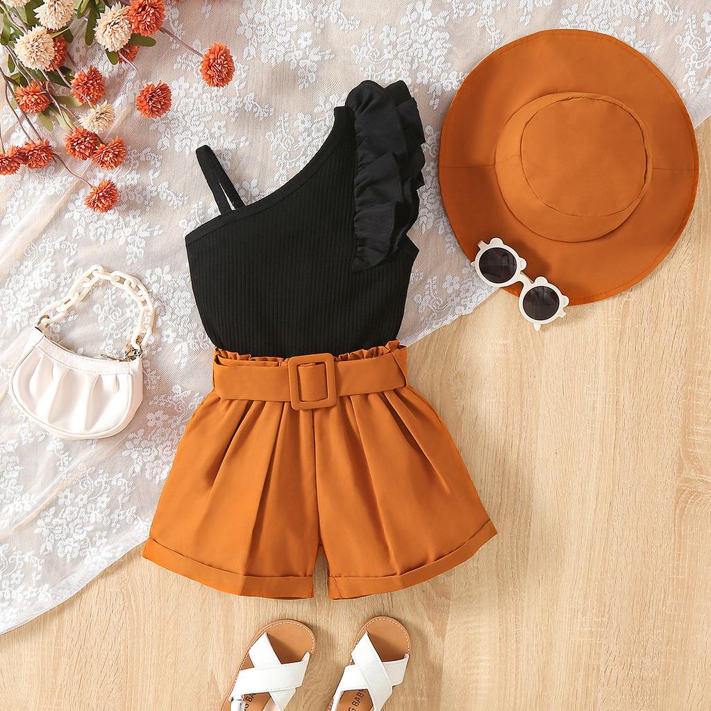 New Summer Girls' Set with Shoulder Strap Flying Sleeve Top Shorts and Hat for Small and Medium Sized Children