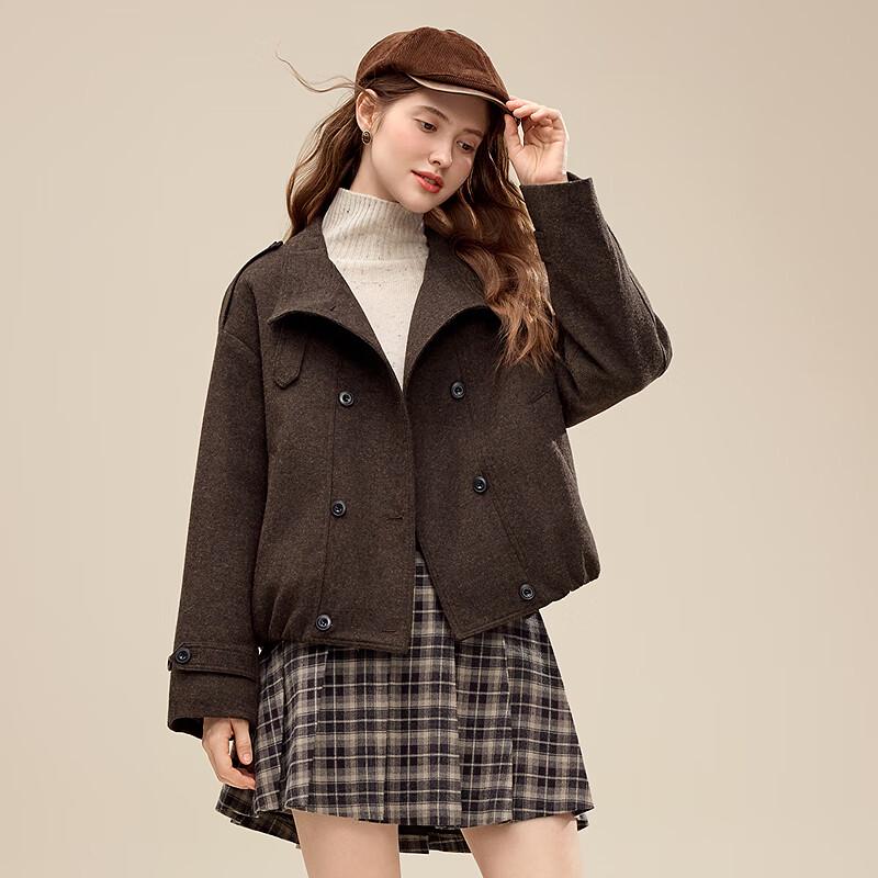 Betu Women's Winter Stand Collar Double-breasted Wool Blend Short Coat