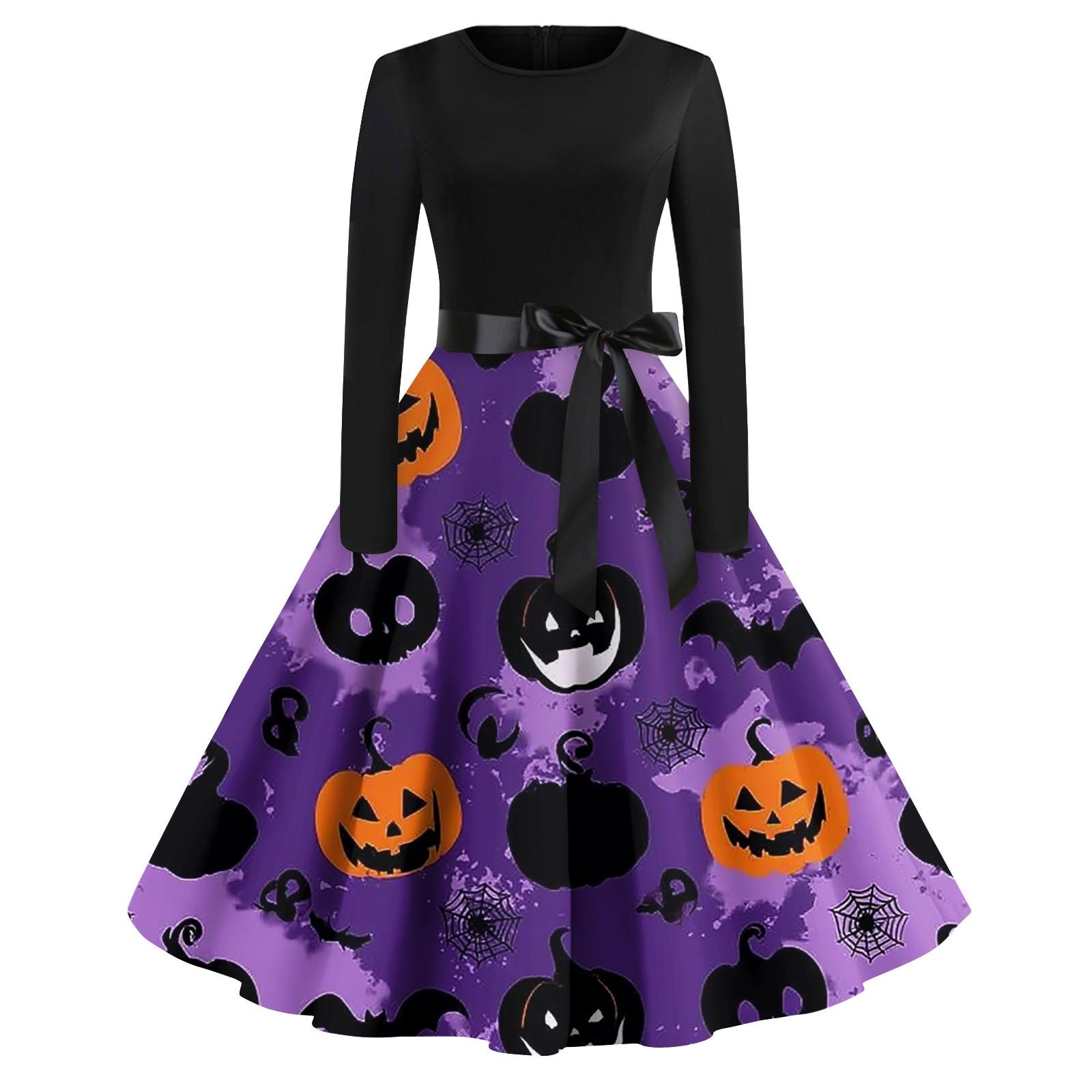 

Женские модные платья с круглым вырезом, повседневные, приталенные, с принтом на Хэллоуин, с длинным рукавом L фиолетовый