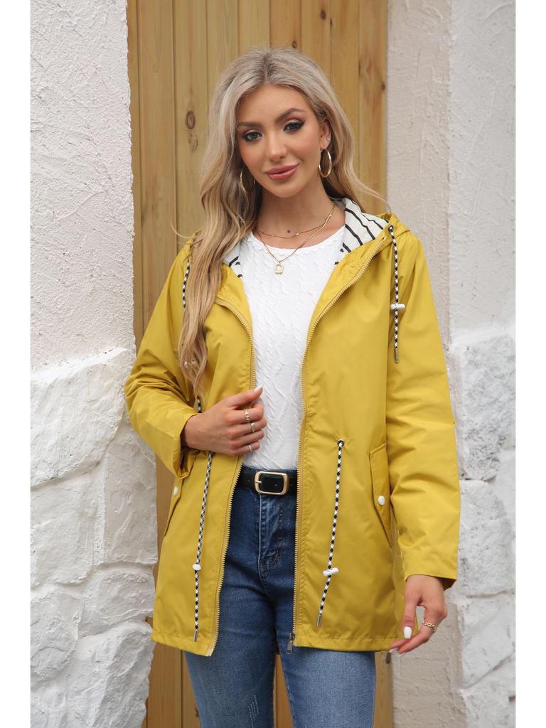 2025 Damen Wasserabweisender Trenchcoat mit Kapuze und gestreiftem Futter - Langärmlig, Mittellang, Übergröße.