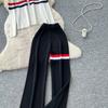 Autumn Winter Women Striped Knitted Sweater Vintage Two Piece Trouser Set V-neck Pullover Tops and Wide Leg Pant Suit