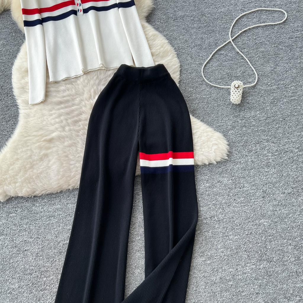 Autumn Winter Women Striped Knitted Sweater Vintage Two Piece Trouser Set V-neck Pullover Tops and Wide Leg Pant Suit