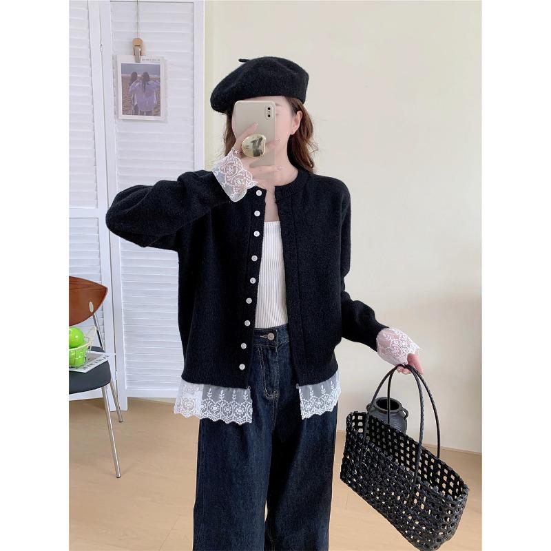 

Осень и зима новый дизайн кружевная вставка кружевной вязаный кардиган женский свободный омолаживающий свитер куртка one size fits all чёрный