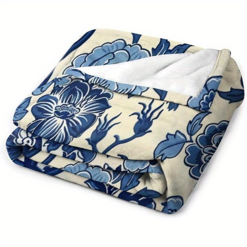 Couverture d'appoint bleu indigo floral douce et confortable, Chinoiserie vintage, Parfaite pour les voyages, le camping et la décoration intérieure,