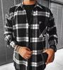 Men's Casual Plaid Long Sleeve Shirt, Loose Fit Blue Gray Checkered Button-Up with Chest Pocket