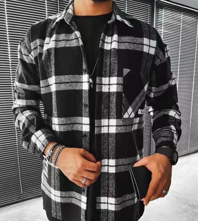 Men's Casual Plaid Long Sleeve Shirt, Loose Fit Blue Gray Checkered Button-Up with Chest Pocket