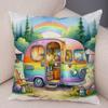 Happy Campers Pillow Case Double Print Decor Cartoon House Travel Car Cushion Cover for Sofa Home Soft Plush Pillowcase