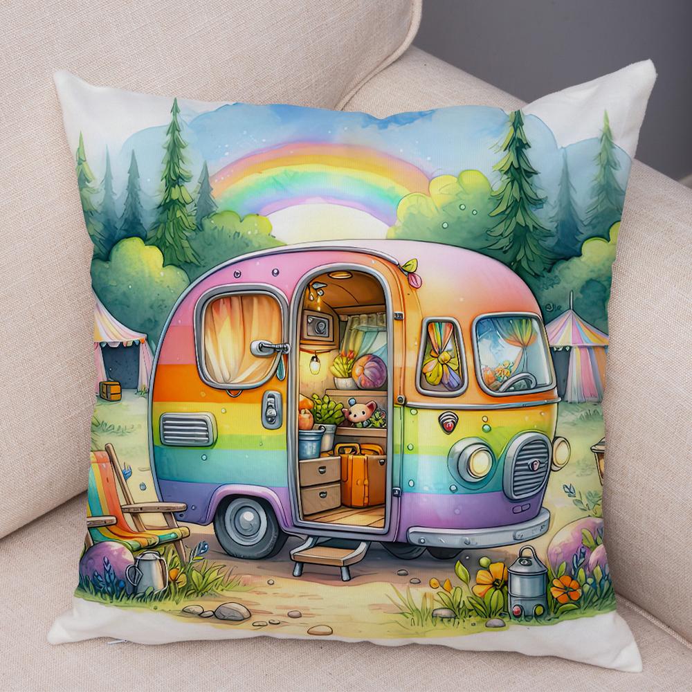 Happy Campers Pillow Case Double Print Decor Cartoon House Travel Car Cushion Cover for Sofa Home Soft Plush Pillowcase