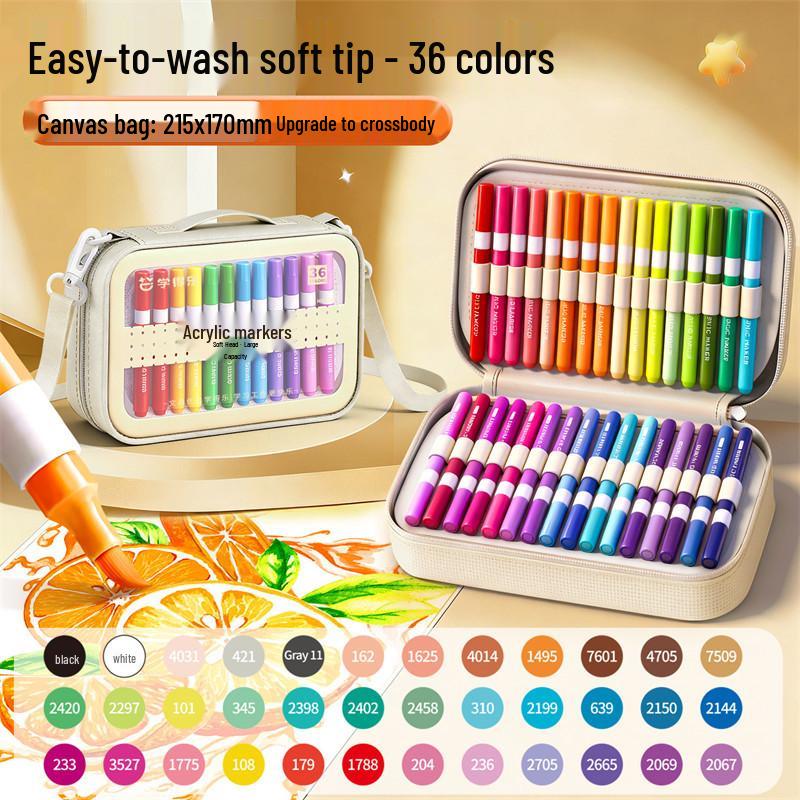 Large Capacity Washable Acrylic Marker Set with Soft Tip and Paint Brushes for Kids' Art Class