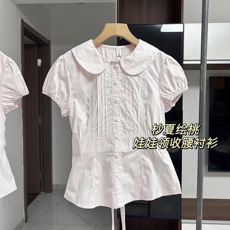 

Women s Pink Peter Pan Collar Puff Sleeve Blouse Slim Fit Ruffle Front Casual Top S рожевий