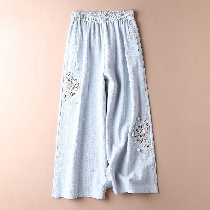 Embroidered Cotton Linen Casual Pants Thin Retro Ethnic Style Wide Leg Cropped Pants Summer Versatile Slimming Women's Clothing