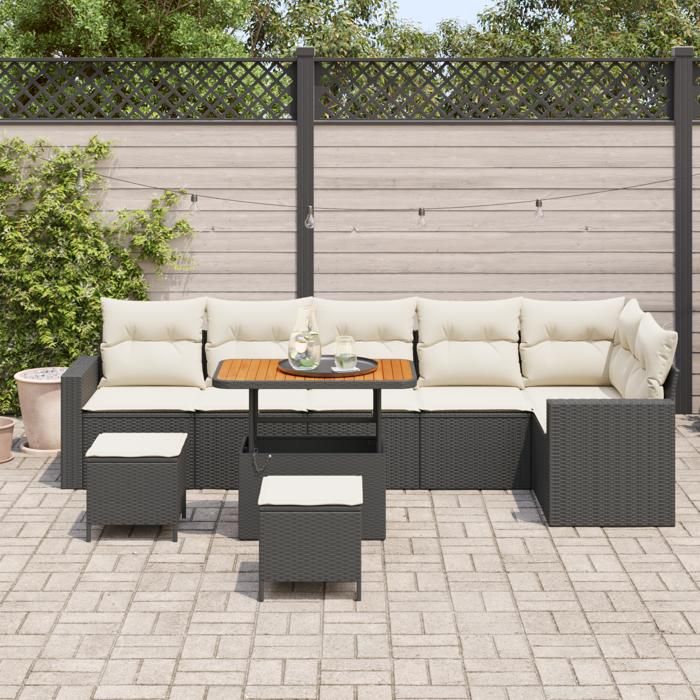 Ensemble de canapé de jardin 9 pièces avec coussins Noir Poly Rattan Acacia, Ensemble de salle à manger de jardin 3 pièces 3361635