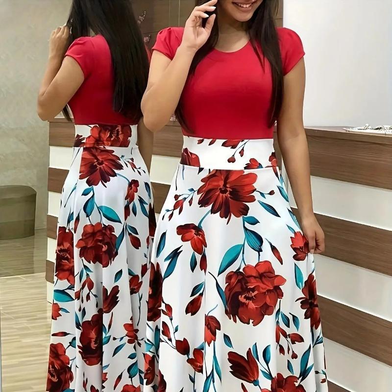 2024 European and American style flower print color matching short sleeved dress for women's large swing skirt