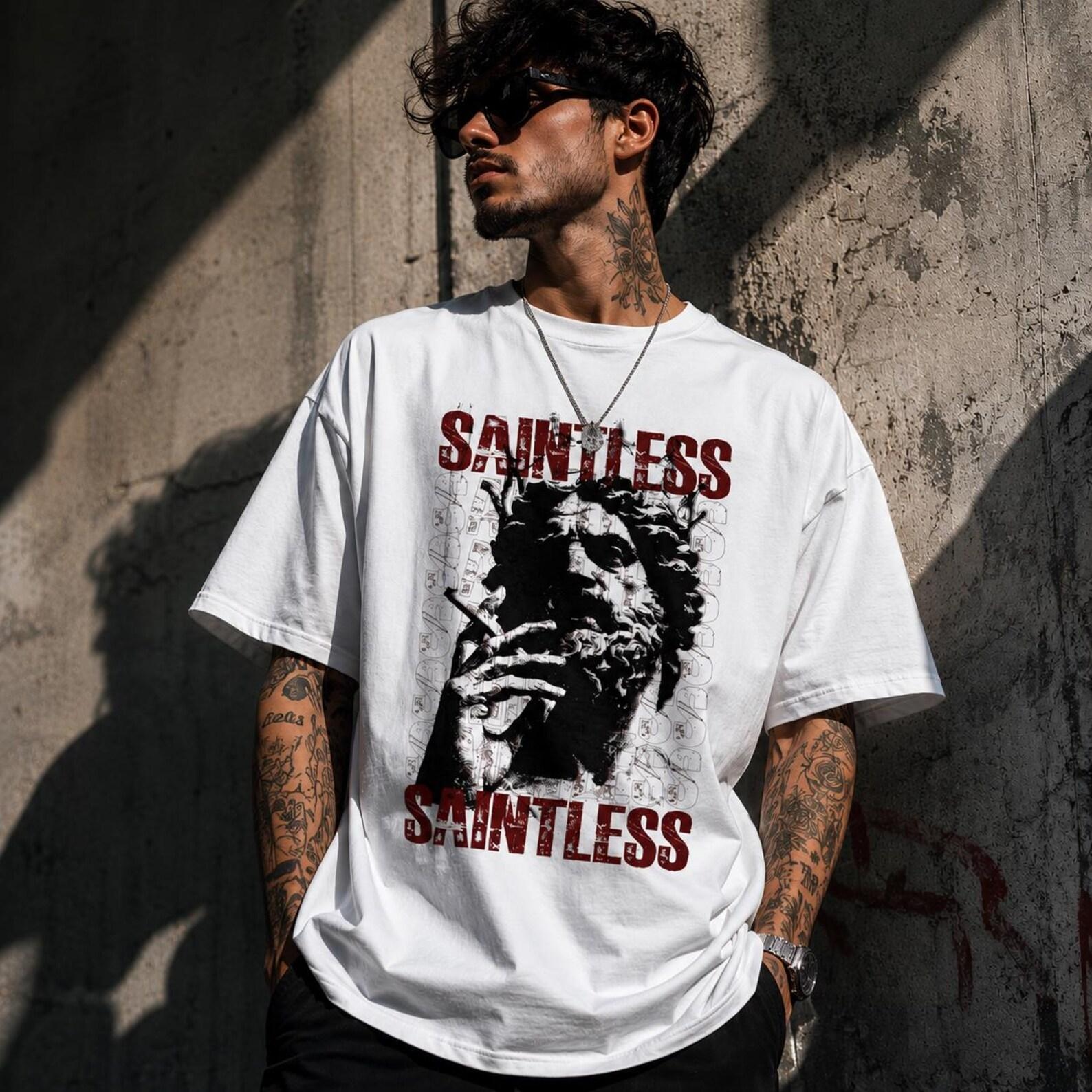 Saintless T-Shirt | Gothic Streetwear Tee | Dark Grunge Graphic Shirt | Urban Alternative Fashion | Vintage Aesthetic M