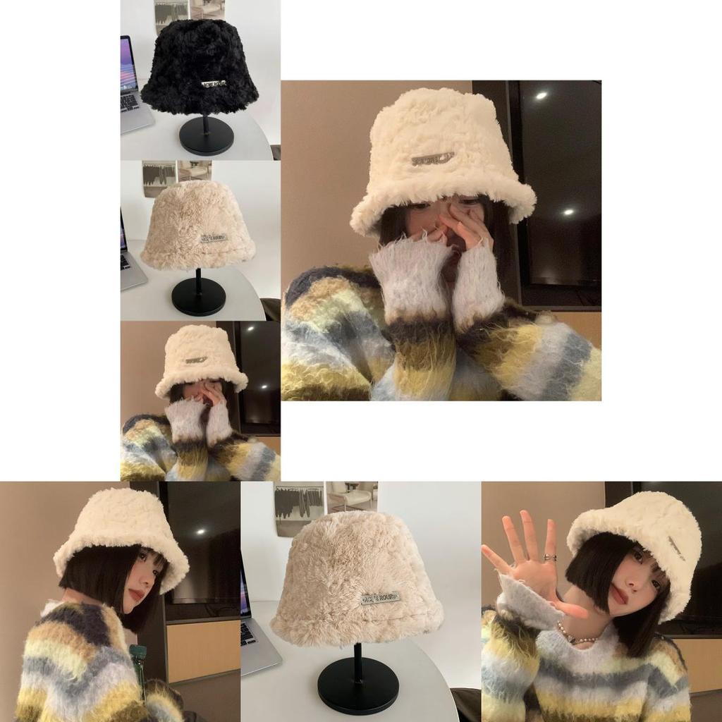 Korean Style White Bucket Hat For Women Warm And Cozy Lambswool