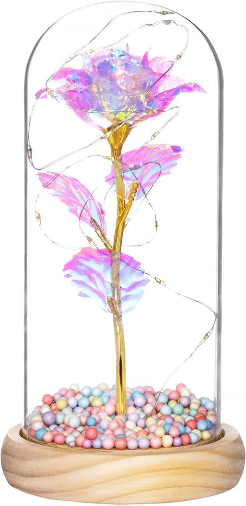 LED eternal pink rose glowing in glass, batteries, proposal, wedding, name day