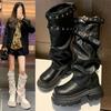 Spice Girl Pleated Belt Buckle Trouser Boots Women's Autumn and Winter New Fashion Boots Thick-soled Long Knight Boots Look Thin