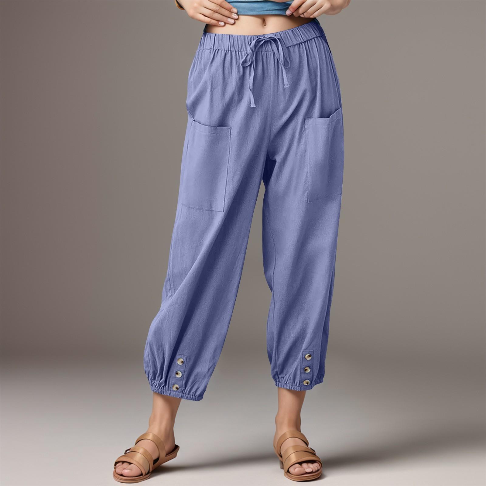 

Жіночі модні однотонні бавовняні лляні декоративні повсякденні штани з еластичною талією з кишенями XXL фіолетовий