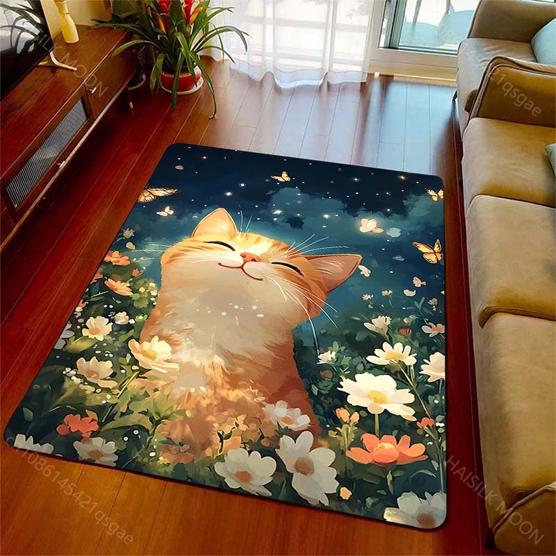Multiple sizes Cat with butterflies garden Carpet for Living Room Bedroom Sofa Home Decor Rus Non-slip Floor Mat Luxury Gift