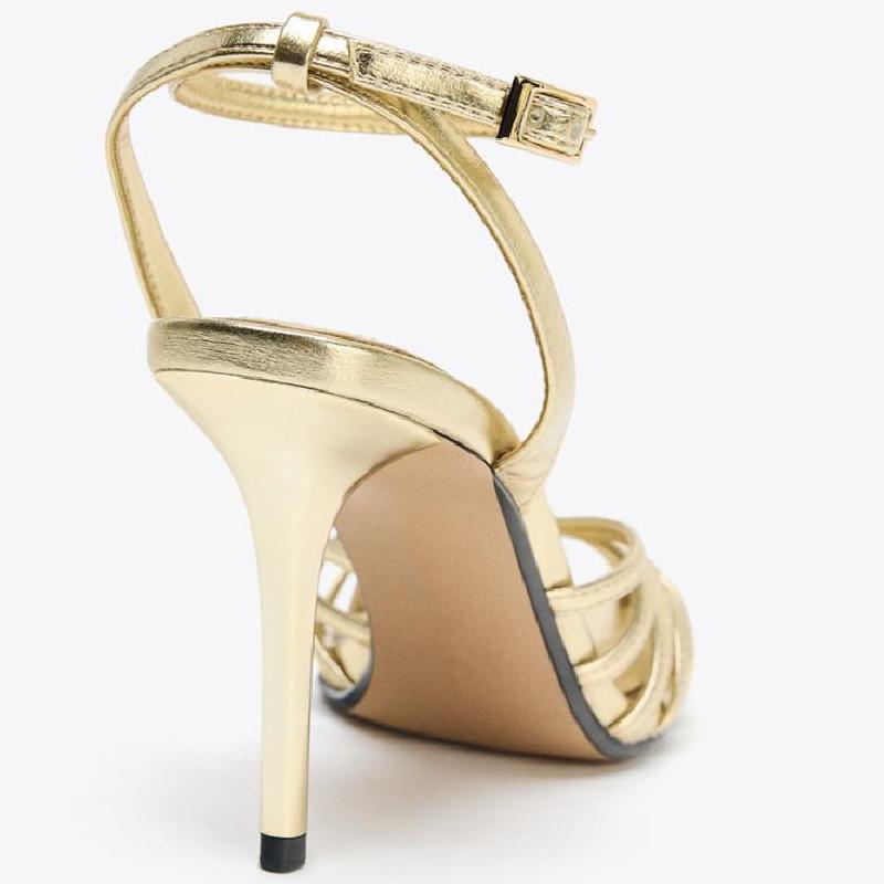 Fashion Elegant Gold Narrow Band Designer Brand Pumps Women Sexy Hollow Ankle Buckle Heel Sandals Fashion Banquet Dress Zapatos De Mujer