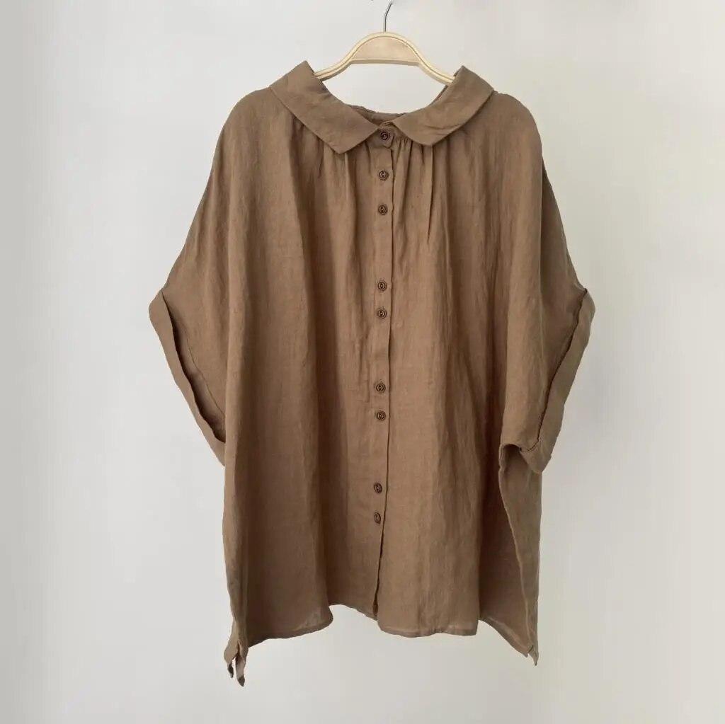 

Johnature отложные простые винтажные рубашки, летние однотонные повседневные универсальные женские блузки с короткими рукавами, свободные пуговицы One Size хаки