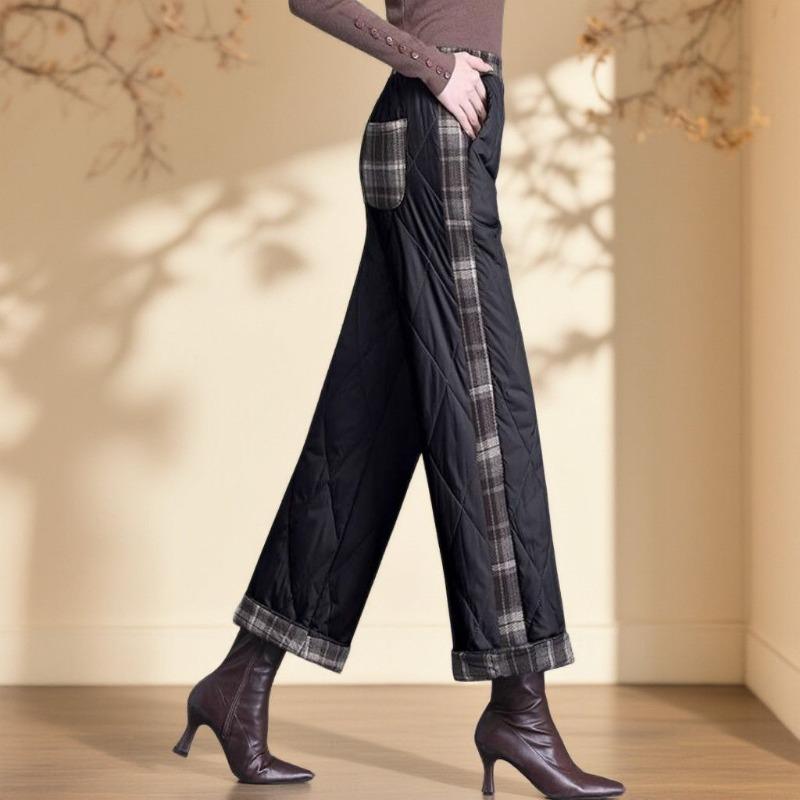 Fashion Women Winter Warm High Waist Cotton Padded Pants Plaid Patchwork Wide Leg Fleece Lined Trousers