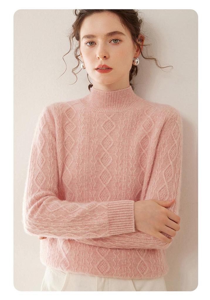 Women's Slim Fit Cashmere Cable Knit Pullover with Half-High Collar