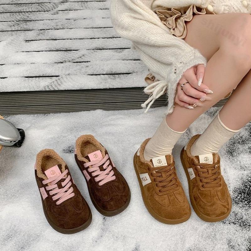 Winter  Vintage Warm Low Top Thick Sole Cotton Shoes for Women Color Blocked Versatile Plush Comfortable Chunky Sneakers