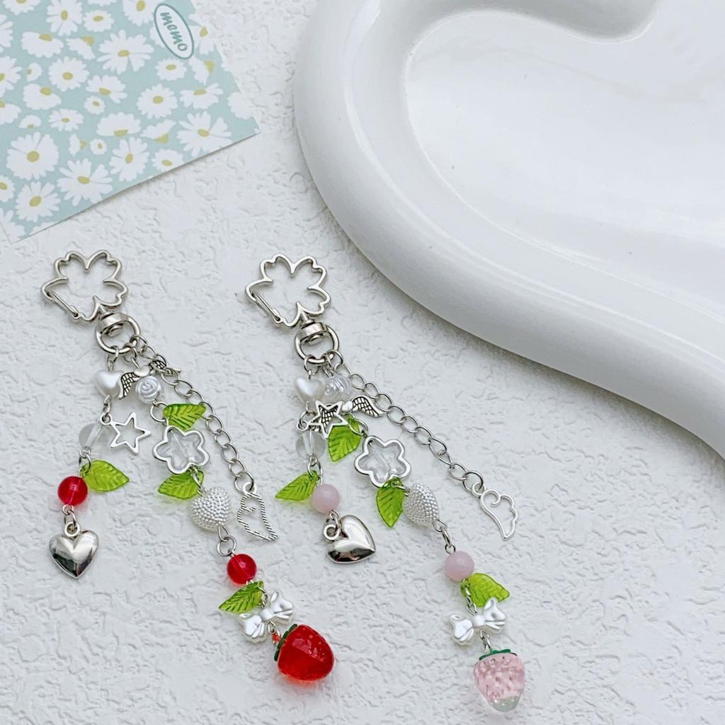 Strawberry Leaf Pendant Sweet Phone Chain Strap Hangings Decoration Keychain Lanyard Small Gift for Women Girls