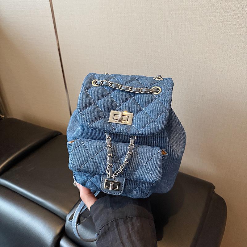 Denim rhombus backpack women's summer new fashion chain small bucket bag