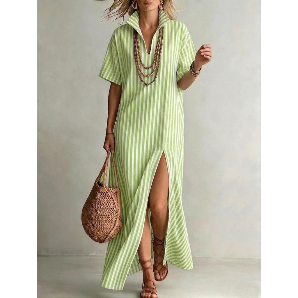 Casual Dresses - Summer V-neck Short Sleeve Striped Split Cotton Linen Women Dress For Cross-border Trade